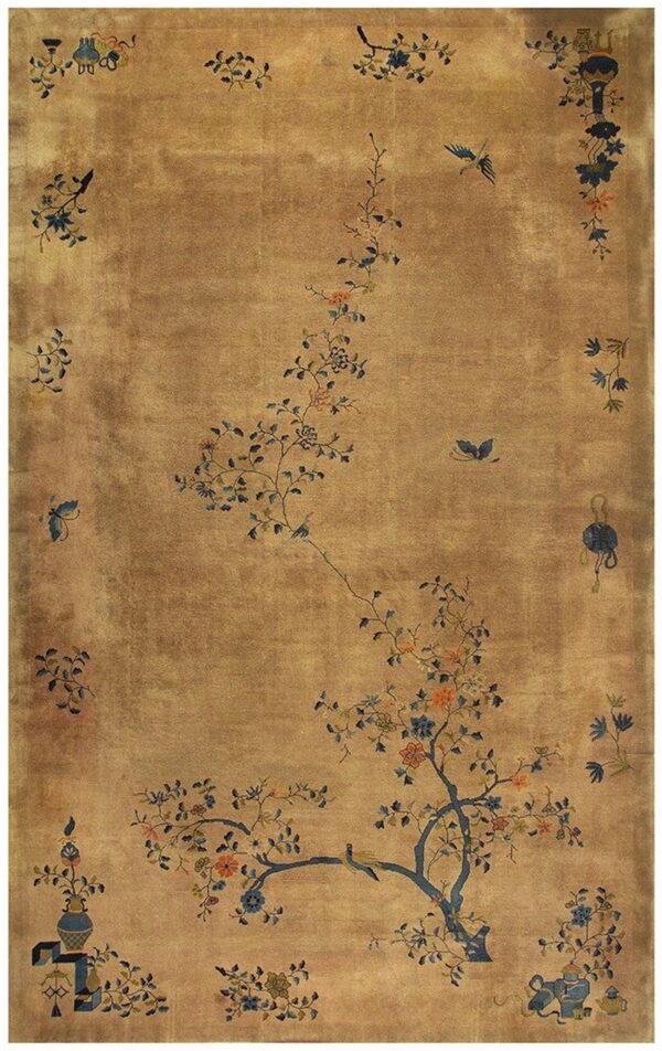 1920s antique caramel field floral handknotted wool chinese art deco carpet rug
