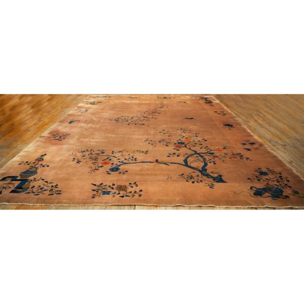 1920s antique caramel field floral handknotted wool chinese art deco carpet rug - detail view 1