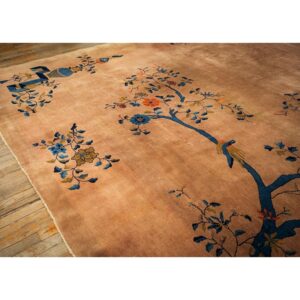1920s Antique Caramel Field Floral Handknotted Wool Chinese Art Deco Carpet Rug - detail view 2