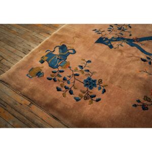 1920s Antique Caramel Field Floral Handknotted Wool Chinese Art Deco Carpet Rug - detail view 3