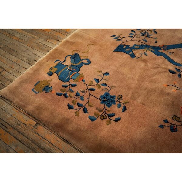 1920s antique caramel field floral handknotted wool chinese art deco carpet rug - detail view 3