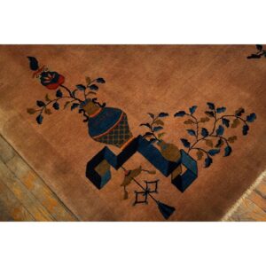 1920s Antique Caramel Field Floral Handknotted Wool Chinese Art Deco Carpet Rug - detail view 5