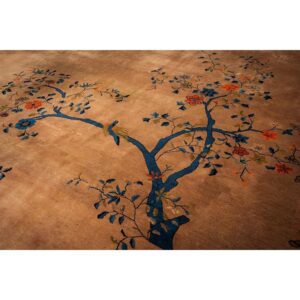 1920s Antique Caramel Field Floral Handknotted Wool Chinese Art Deco Carpet Rug - detail view 6