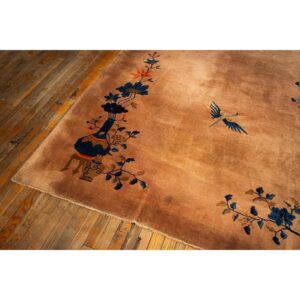 1920s Antique Caramel Field Floral Handknotted Wool Chinese Art Deco Carpet Rug - detail view 7