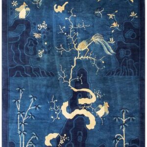 1920s Antique Deep Blue Field Pictorial "Shan Shui" Knotted Chinese Peking Rug