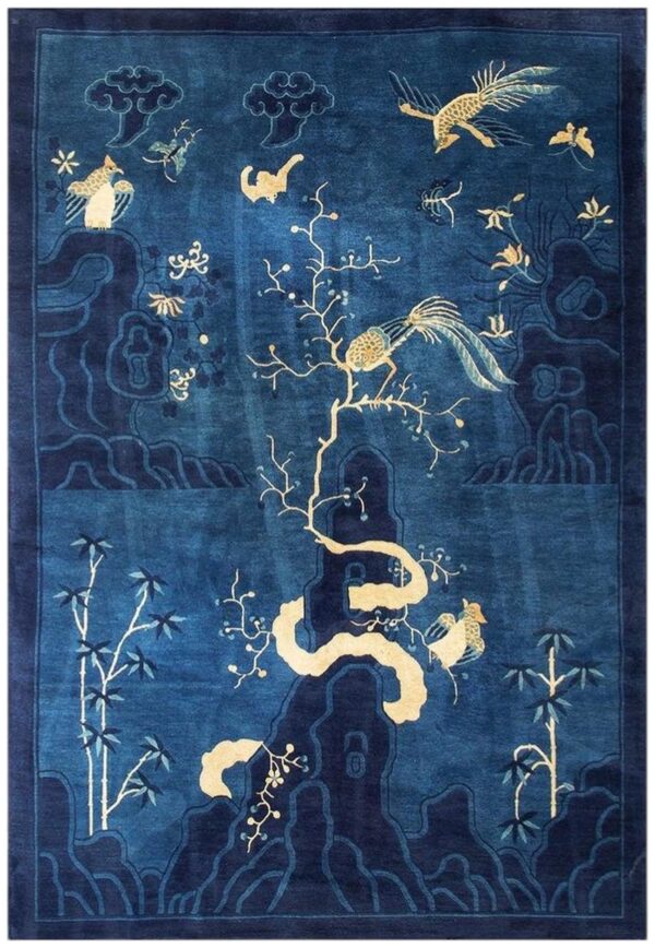 1920s antique deep blue field pictorial "shan shui" knotted chinese peking rug 1 1920s antique deep blue field pictorial "shan shui" knotted chinese peking rug
