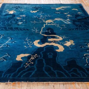 1920s Antique Deep Blue Field Pictorial "Shan Shui" Knotted Chinese Peking Rug - detail view 1