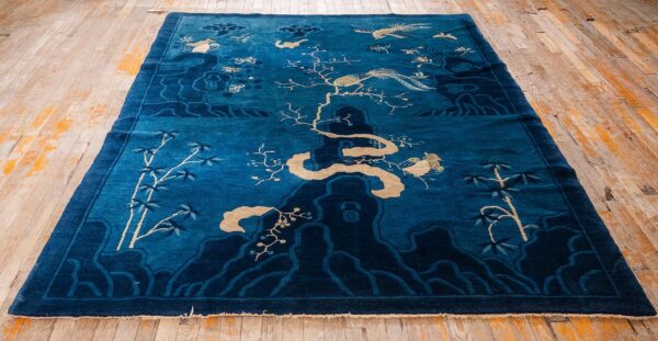 1920s antique deep blue field pictorial "shan shui" knotted chinese peking rug 2 1920s antique deep blue field pictorial "shan shui" knotted chinese peking rug - detail view 1
