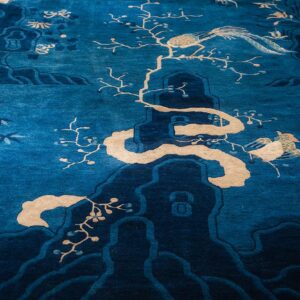 1920s Antique Deep Blue Field Pictorial "Shan Shui" Knotted Chinese Peking Rug - detail view 2