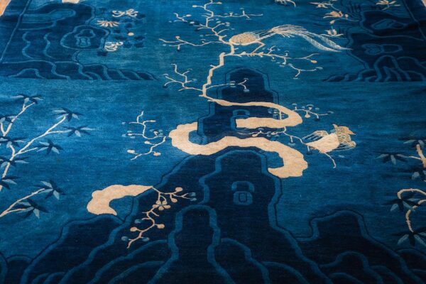 1920s antique deep blue field pictorial "shan shui" knotted chinese peking rug 3 1920s antique deep blue field pictorial "shan shui" knotted chinese peking rug - detail view 2