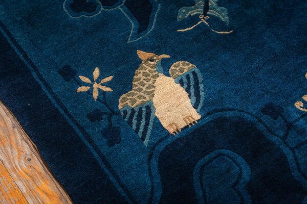 1920s antique deep blue field pictorial "shan shui" knotted chinese peking rug 4 1920s antique deep blue field pictorial "shan shui" knotted chinese peking rug - detail view 3