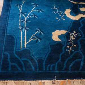 1920s Antique Deep Blue Field Pictorial "Shan Shui" Knotted Chinese Peking Rug - detail view 5