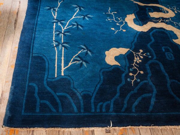 1920s antique deep blue field pictorial "shan shui" knotted chinese peking rug 6 1920s antique deep blue field pictorial "shan shui" knotted chinese peking rug - detail view 5