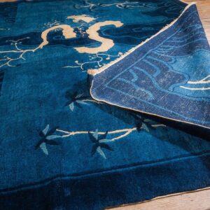 1920s Antique Deep Blue Field Pictorial "Shan Shui" Knotted Chinese Peking Rug - detail view 7