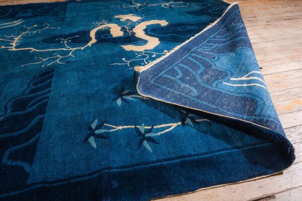 1920s antique deep blue field pictorial "shan shui" knotted chinese peking rug 8 1920s antique deep blue field pictorial "shan shui" knotted chinese peking rug - detail view 7