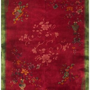 1920s Antique Fuschia Asymmetrical Floral Handknotted Wool Chinese Art Deco Rug