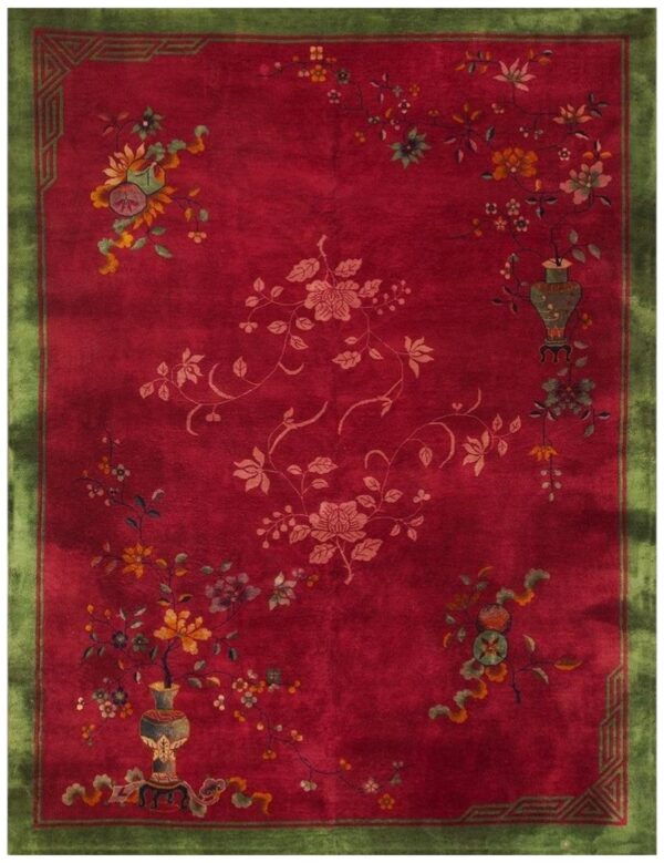 1920s antique fuschia asymmetrical floral handknotted wool chinese art deco rug