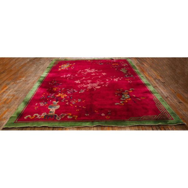 1920s antique fuschia asymmetrical floral handknotted wool chinese art deco rug - detail view 1