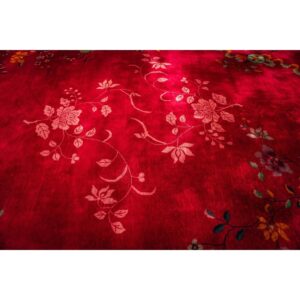 1920s Antique Fuschia Asymmetrical Floral Handknotted Wool Chinese Art Deco Rug - detail view 2