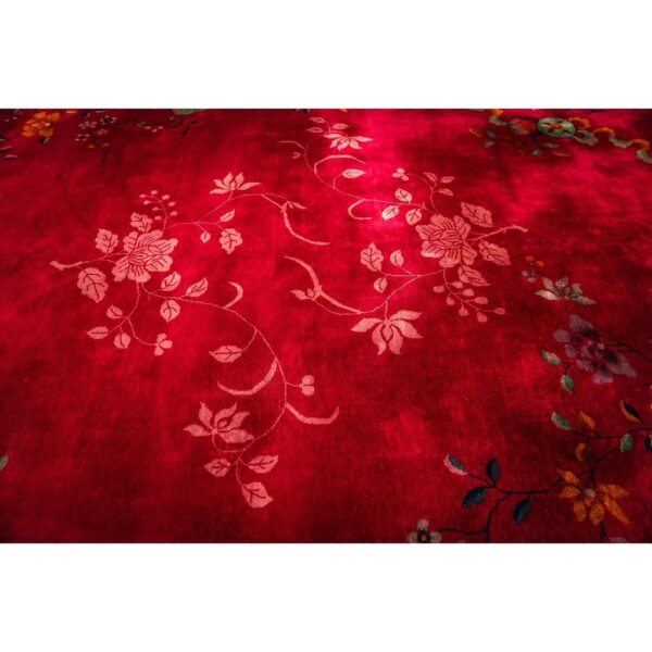 1920s antique fuschia asymmetrical floral handknotted wool chinese art deco rug - detail view 2