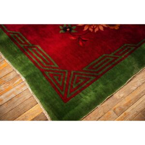 1920s Antique Fuschia Asymmetrical Floral Handknotted Wool Chinese Art Deco Rug - detail view 3