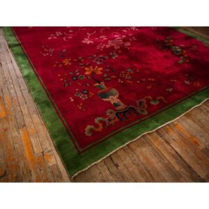 1920s Antique Fuschia Asymmetrical Floral Handknotted Wool Chinese Art Deco Rug - detail view 5