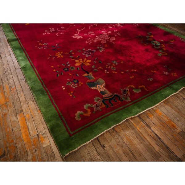 1920s antique fuschia asymmetrical floral handknotted wool chinese art deco rug - detail view 5