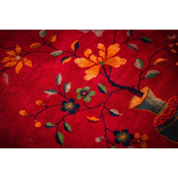 1920s antique fuschia asymmetrical floral handknotted wool chinese art deco rug - detail view 6