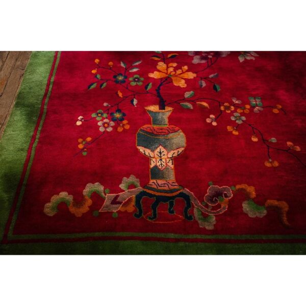 1920s antique fuschia asymmetrical floral handknotted wool chinese art deco rug - detail view 7