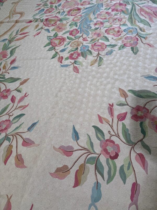 1920s antique ivory floral medallion india agra textile chain stitch gallery rug - detail view 3