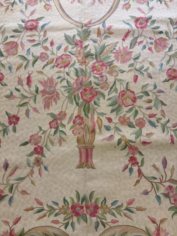 1920s antique ivory floral medallion india agra textile chain stitch gallery rug - detail view 4