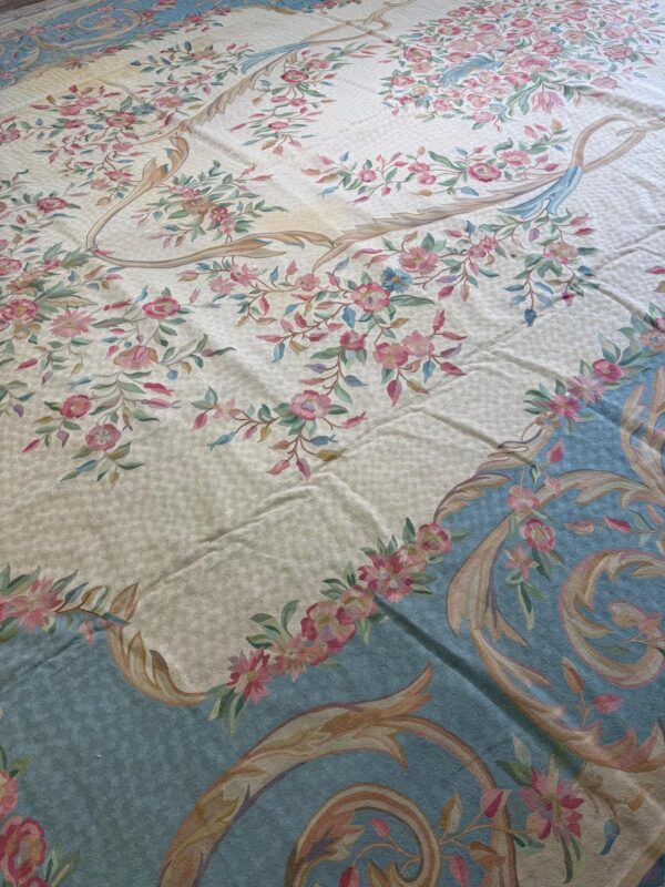 1920s antique ivory floral medallion india agra textile chain stitch gallery rug - detail view 5