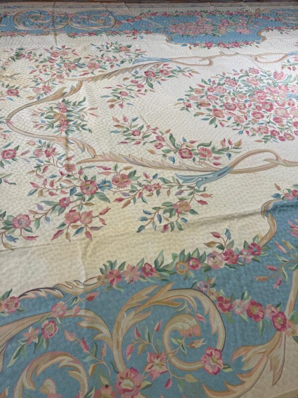 1920s antique ivory floral medallion india agra textile chain stitch gallery rug - detail view 6