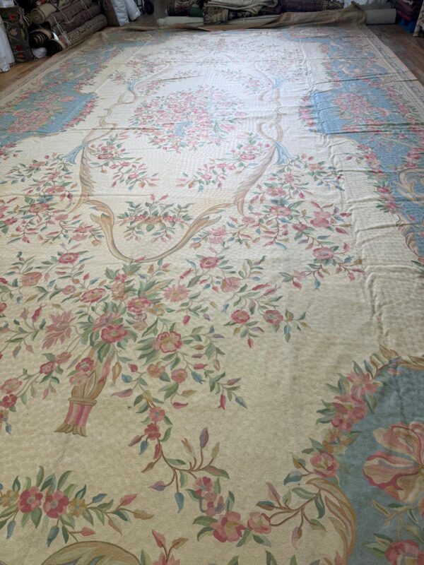 1920s antique ivory floral medallion india agra textile chain stitch gallery rug - detail view 7