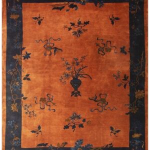 1920s Antique Orange Vase Floral Butterfly Chinese Handknotted Art Deco Wool Rug
