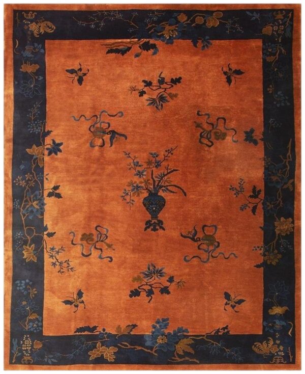 1920s antique orange vase floral butterfly chinese handknotted art deco wool rug