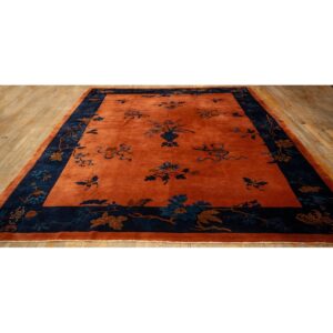 1920s Antique Orange Vase Floral Butterfly Chinese Handknotted Art Deco Wool Rug - detail view 1
