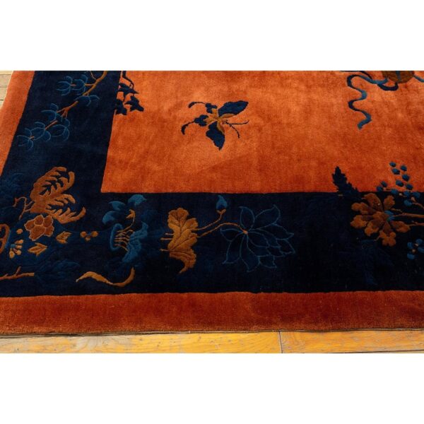 1920s antique orange vase floral butterfly chinese handknotted art deco wool rug - detail view 2