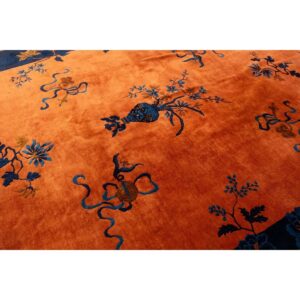 1920s Antique Orange Vase Floral Butterfly Chinese Handknotted Art Deco Wool Rug - detail view 3