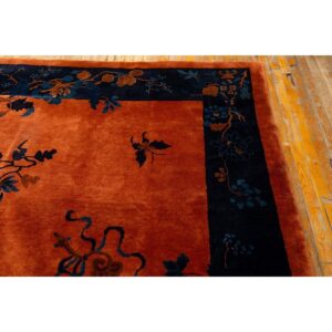 1920s Antique Orange Vase Floral Butterfly Chinese Handknotted Art Deco Wool Rug - detail view 4