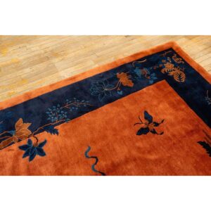 1920s Antique Orange Vase Floral Butterfly Chinese Handknotted Art Deco Wool Rug - detail view 5