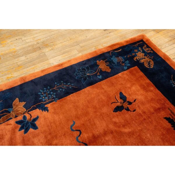1920s antique orange vase floral butterfly chinese handknotted art deco wool rug - detail view 5