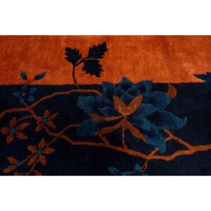 1920s Antique Orange Vase Floral Butterfly Chinese Handknotted Art Deco Wool Rug - detail view 6