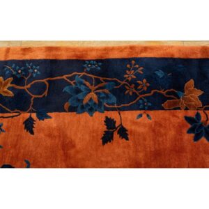 1920s Antique Orange Vase Floral Butterfly Chinese Handknotted Art Deco Wool Rug - detail view 7