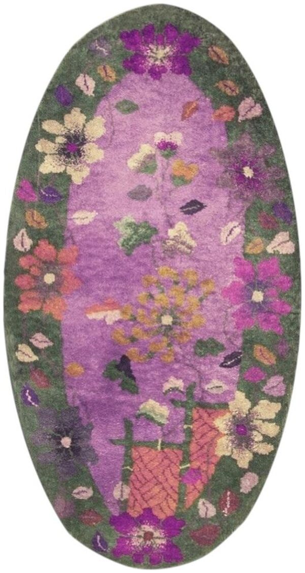 1920s antique purple floral modernist chinese handknotted art deco wool oval rug