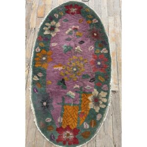 1920s Antique Purple Floral Modernist Chinese Handknotted Art Deco Wool Oval Rug - detail view 1