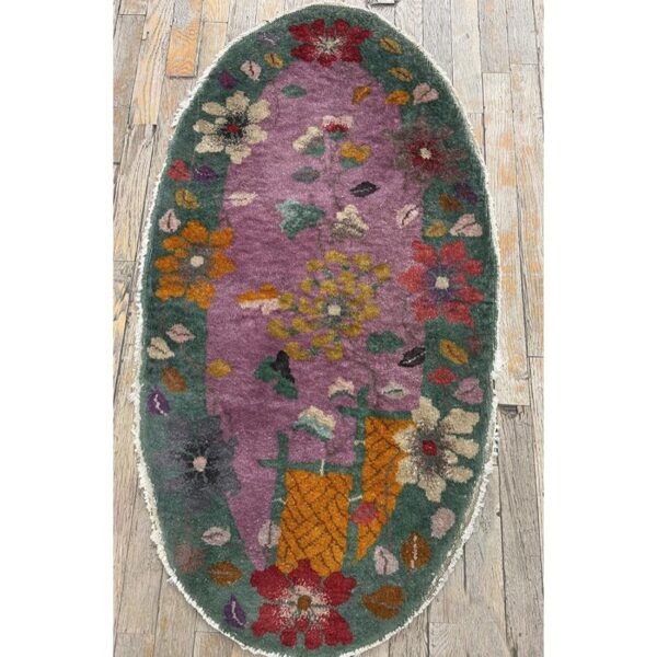 1920s antique purple floral modernist chinese handknotted art deco wool oval rug - detail view 1