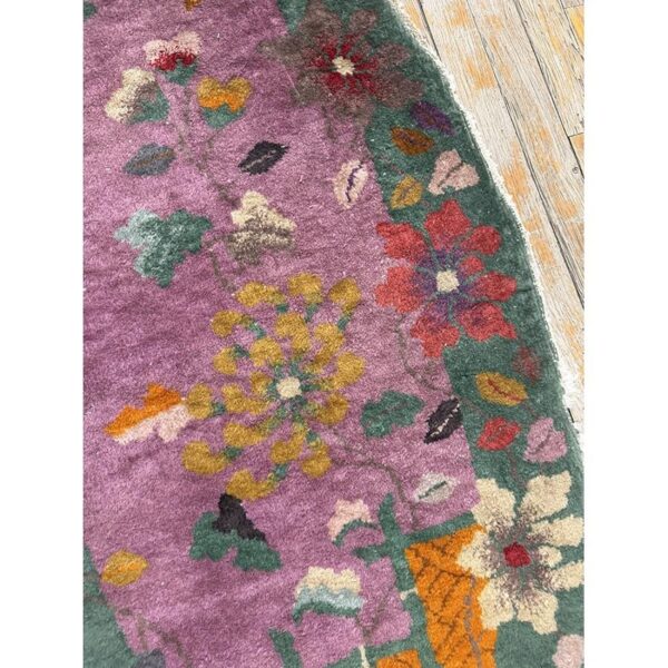 1920s antique purple floral modernist chinese handknotted art deco wool oval rug - detail view 2