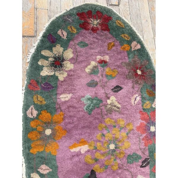 1920s antique purple floral modernist chinese handknotted art deco wool oval rug - detail view 3