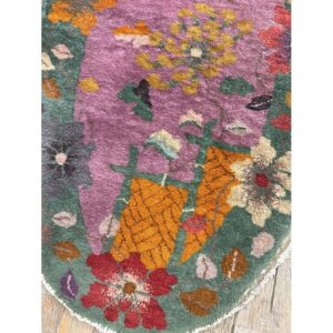 1920s Antique Purple Floral Modernist Chinese Handknotted Art Deco Wool Oval Rug - detail view 4